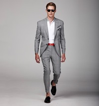 A grey color party wear suit in linen fabric on rent on rent in Jaipur, India